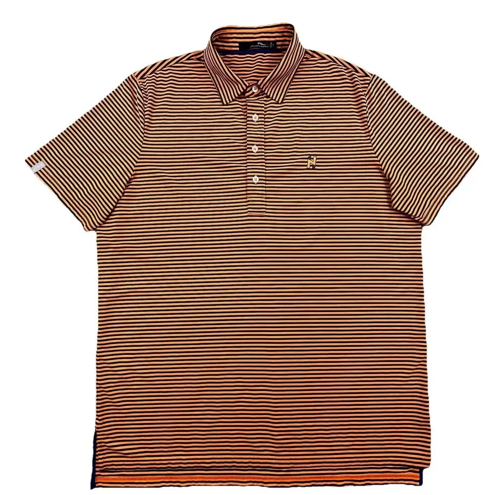 Ralph Lauren RLX Polo Shirt Mens Large Orange Black Stripe Performance Golf Tour